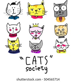 Cat heads set in hand draw , Vector illustration cartoon sketch color .