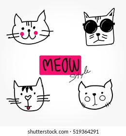 Cat heads set in hand draw , Vector illustration cartoon style sketch color .