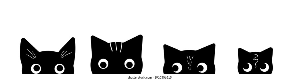 Cat heads silhouettes on white background. Cute kittens peeking out of the bottom of the page. Kitty banner. Vector illustration.