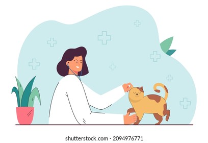 Control de salud del gato por veterinario en la clínica veterinaria. Mujer acariciando alegre gatito de ilustración plana vectorial. Atención a mascotas, medicina para animales domésticos concepto de banner, diseño de sitios web o página web de aterrizaje