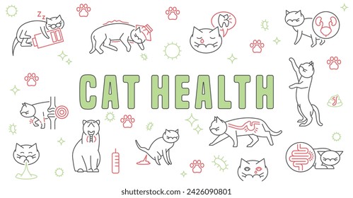 Cat health landscape banner, print, poster. Cat friendly clinic for feline patients. Extensive experience in veterinary medicine. Vector illustration in line style isolated on a white background