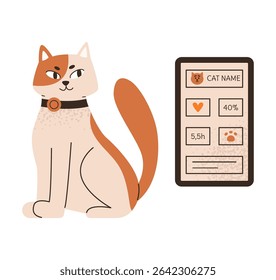 Cat in health tracker. Smart cat collar for indoor cats. Wellness alerts, real time monitoring. Flat vector illustration isolated on white background.