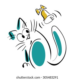 Cat hears the bell. Vector illustration.