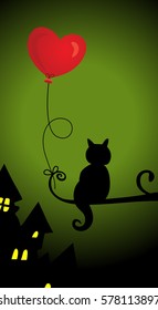 Cat with heart balloon on tree night