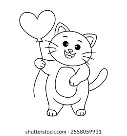 Cat with heart balloon valentine day illustration vector. Cat with balloon coloring page for valentine day theme. Valentine day card printable. Cute cat valentine clipart. Heart balloon. Love balloon.