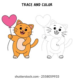 Cat with heart balloon valentine day illustration vector. Cat with balloon coloring page for valentine day theme. Valentine day card printable. Cute cat valentine clipart. Heart balloon. Love balloon.