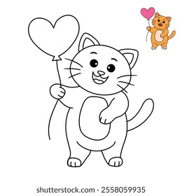 Cat with heart balloon valentine day illustration vector. Cat with balloon coloring page for valentine day theme. Valentine day card printable. Cute cat valentine clipart. Heart balloon. Love balloon.