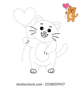 Cat with heart balloon valentine day illustration vector. Cat with balloon coloring page for valentine day theme. Valentine day card printable. Cute cat valentine clipart. Heart balloon. Love balloon.