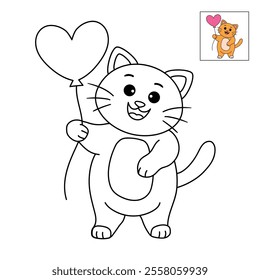 Cat with heart balloon valentine day illustration vector. Cat with balloon coloring page for valentine day theme. Valentine day card printable. Cute cat valentine clipart. Heart balloon. Love balloon.