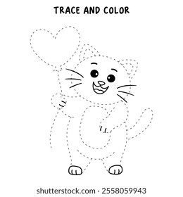 Cat with heart balloon valentine day illustration vector. Cat with balloon coloring page for valentine day theme. Valentine day card printable. Cute cat valentine clipart. Heart balloon. Love balloon.