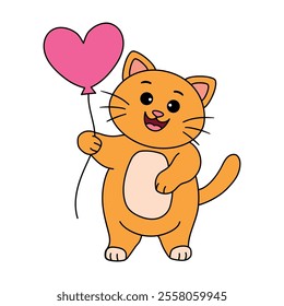 Cat with heart balloon valentine day illustration vector. Cat with balloon coloring page for valentine day theme. Valentine day card printable. Cute cat valentine clipart. Heart balloon. Love balloon.