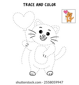 Cat with heart balloon valentine day illustration vector. Cat with balloon coloring page for valentine day theme. Valentine day card printable. Cute cat valentine clipart. Heart balloon. Love balloon.