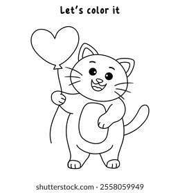 Cat with heart balloon valentine day illustration vector. Cat with balloon coloring page for valentine day theme. Valentine day card printable. Cute cat valentine clipart. Heart balloon. Love balloon.