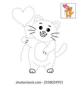 Cat with heart balloon valentine day illustration vector. Cat with balloon coloring page for valentine day theme. Valentine day card printable. Cute cat valentine clipart. Heart balloon. Love balloon.