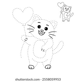 Cat with heart balloon valentine day illustration vector. Cat with balloon coloring page for valentine day theme. Valentine day card printable. Cute cat valentine clipart. Heart balloon. Love balloon.