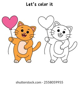 Cat with heart balloon valentine day illustration vector. Cat with balloon coloring page for valentine day theme. Valentine day card printable. Cute cat valentine clipart. Heart balloon. Love balloon.