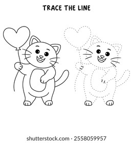 Cat with heart balloon valentine day illustration vector. Cat with balloon coloring page for valentine day theme. Valentine day card printable. Cute cat valentine clipart. Heart balloon. Love balloon.