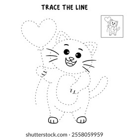 Cat with heart balloon valentine day illustration vector. Cat with balloon coloring page for valentine day theme. Valentine day card printable. Cute cat valentine clipart. Heart balloon. Love balloon.