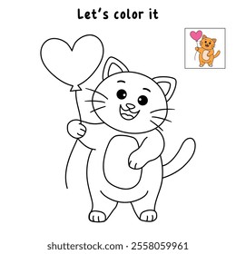 Cat with heart balloon valentine day illustration vector. Cat with balloon coloring page for valentine day theme. Valentine day card printable. Cute cat valentine clipart. Heart balloon. Love balloon.