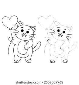 Cat with heart balloon valentine day illustration vector. Cat with balloon coloring page for valentine day theme. Valentine day card printable. Cute cat valentine clipart. Heart balloon. Love balloon.