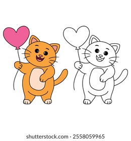 Cat with heart balloon valentine day illustration vector. Cat with balloon coloring page for valentine day theme. Valentine day card printable. Cute cat valentine clipart. Heart balloon. Love balloon.