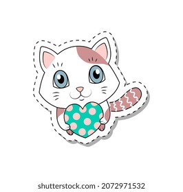 Cat with heart. Cute stickers and badges for kids. Taking care of your pets, love for animals and taking care of them. Nature, romance, valentines day greeting card. Cartoon flat vector illustration