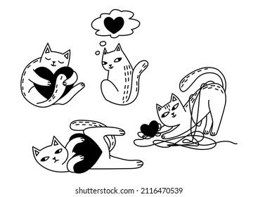 Cat and heart. Design for St. Valentine day cards. Coloring book pattern. Vector black and white doodle illustration.	
