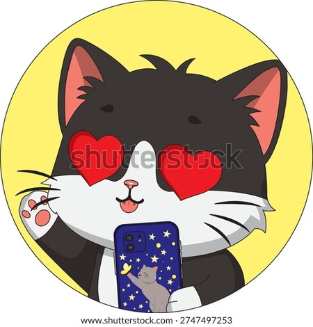 Cat Heart Eyes Happy Expression Kitten Holding Phone Feline Round Clipart Vector