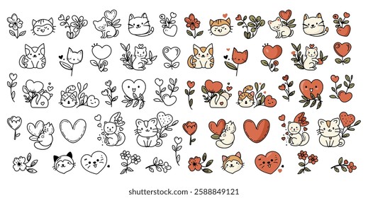 Cat, Heart and Flower. Valentine Sticker. Vector. 