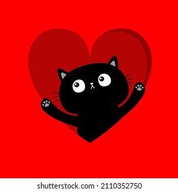 Cat in heart. Hands up paw print. Happy Valentines Day. Cute cartoon kawaii funny animal baby character. Black kitten kitty icon. Love greeting card. Flat design. Red background. Vector illustration