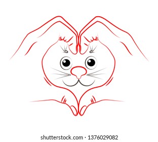 Cat in the heart. Hands in the shape of a heart aimed at the face of a cat. Vector illustration.