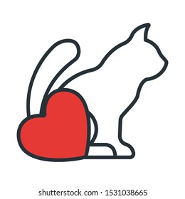 Cat with Heart Icon. Concept for Healthcare Medicine and Pet Care. Outline and Black Domestic Animal. Pets Symbol, Icon and Badge. Simple Vector illustration.