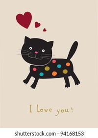 Cat with heart. I love you. Vector illustration