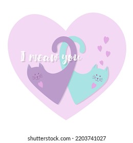 Cat And Heart I Meow You Postcard, Valentines Day, Love, Wedding, Congratulations. Vector Illustration