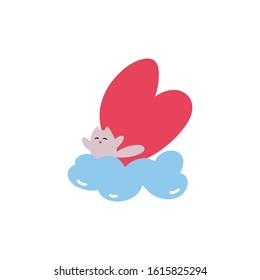 Cat with heart on the blue cloud. Valentines day greeting card. Vector illustration EPS 10.