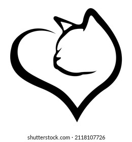 cat and heart on white background