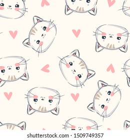 Cat and heart pattern seamless. Vector illustration. Textile design.