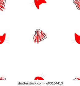 cat , heart pattern seamless white background vector illustration 