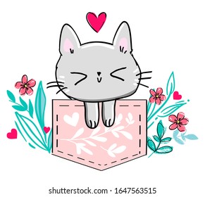 Gato y corazón en el bolsillo. Imprimir para niños. tendencia del diseño textil. Ilustración vectorial. Dibujó mano a un lindo personaje de caricatura. Imprimir.