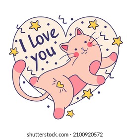 Cat in heart with Quote: "I love you". Sticker, doodle illustration for print or social media post concept for st.Valentine's day.