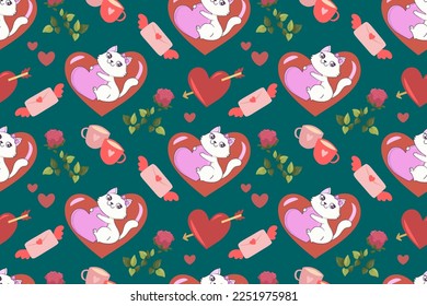 Cat with heart seamless pattern. Vector illustration