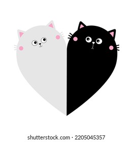 Cat heart set. Couple family. Black White Yin Yang kitty kitten. Happy Valentines day. Cute cartoon kawaii funny baby character. Sticker template. White background. Isolated. Flat design. Vector