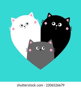 Cat heart set. Mother, father, bay. Happy Valentines day. Black White Yin Yang kitty kitten. Cute cartoon kawaii funny character. Couple family. Sticker template. Blue background. Flat design. Vector