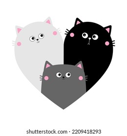 Cat heart set. Mother, father, bay. Happy Valentines day. Cute cartoon kawaii funny character. Black White Yin Yang kitty kitten. Couple family. Sticker template. White background. Flat design. Vector