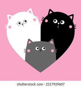 Cat heart set. Mother, father, bay. Happy Valentines day. Black White Yin Yang kitty kitten. Cute cartoon kawaii funny character. Couple family. Sticker template. Pink background. Flat design. Vector