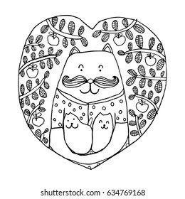 Cat with Heart Shape Design for Coloring Book for Adult, vector