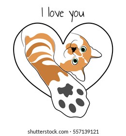 Cat in heart. Valentine card.