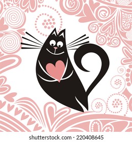 Cat with heart valentines day card vector illustration