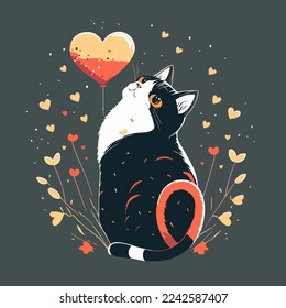 Cat with heart, vector illustration isolated on white background, valentine day cat with heart, cute cat with vector heart. for copy space and design assest