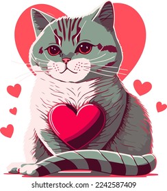 Cat with heart, vector illustration isolated on white background, valentine day cat with heart, cute cat with vector heart. for copy space and design assest